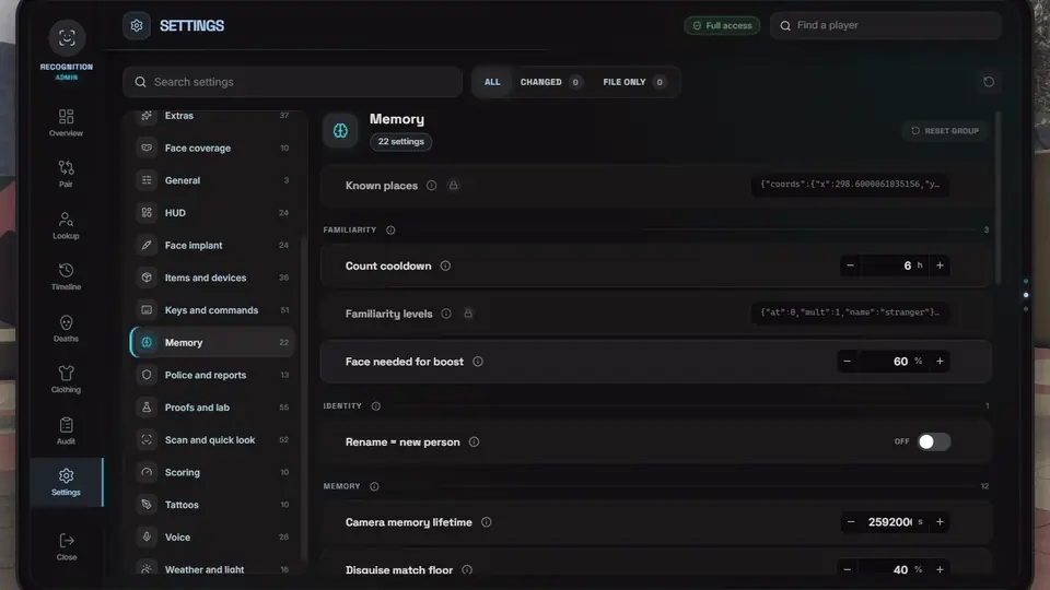 The Settings page with an (i) tip on each setting