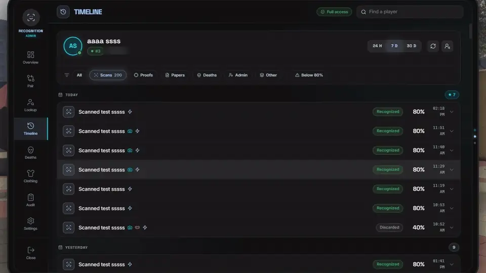 Timeline: one player's events, day by day, with filters