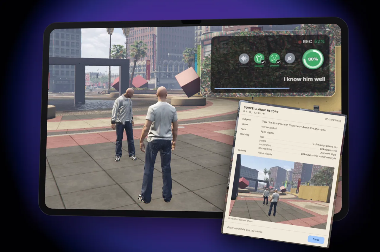 The HUD shows REC 52% and a green ring at 80%. A printed surveillance report lies over the scene, listing voice, face, clothing and tattoos above a camera photo of the two men.