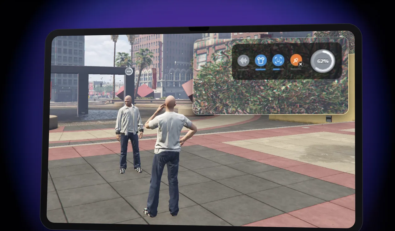 In-game scan in a city plaza: a character studies the man in front of him with a hand on his head, while the HUD at the top right shows four cue badges and a reliability ring at 62%.